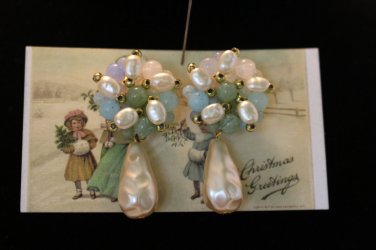 Pastel Green Pastel Blue beads & Faux Pearl Button Earrings Teardrop Focal Bead