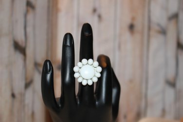 White Milk Glass Bead Daisy Shaped Handmade Statement Ring Upcycle Cocktail Ring