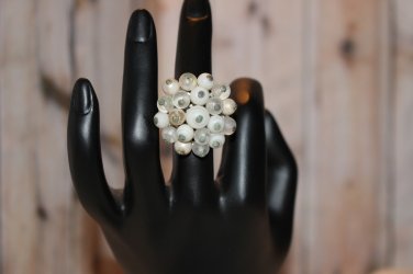 White and Clear Glass Bead Cluster Handmade Large Statement Ring