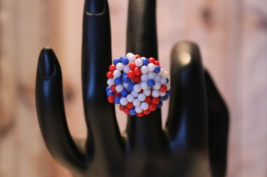 Red White and Blue Bead Cluster Handmade Large Statement Ring