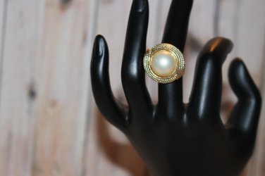 Large Gold with Faux Pearl in Center Huge Handmade Statement Ring