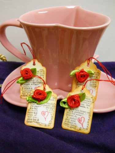 Red Rose Gift Tags -Vintage Look Hand stamped and Embellished Set of 4