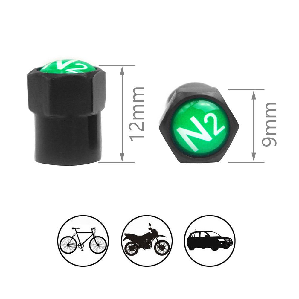 4 Black TPMS Valve Stem Caps Green N2 Nitrogen Logo+Sealing Gasket/O