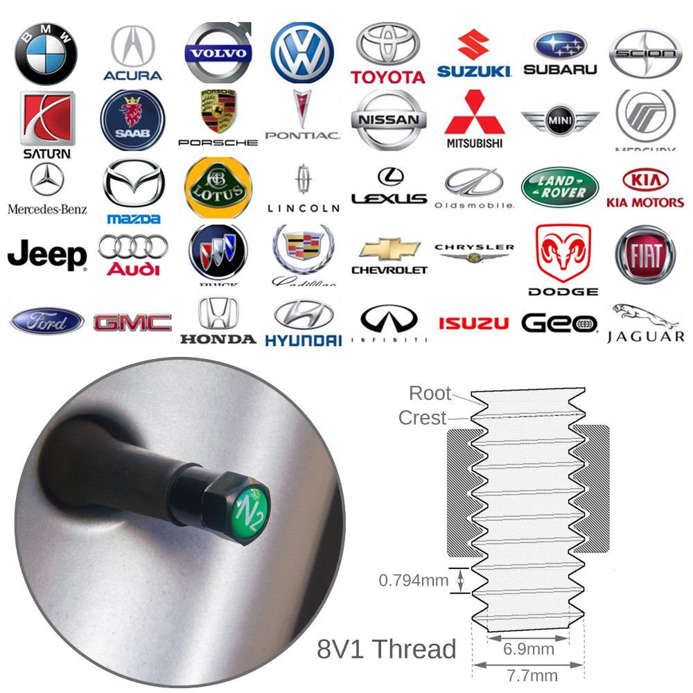 4 Black TPMS Valve Stem Caps Green N2 Nitrogen Logo+Sealing Gasket/O