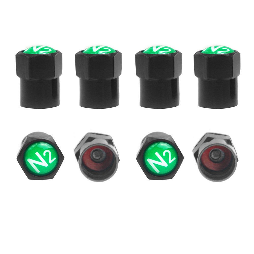 8 Black TPMS Valve Stem Caps Green N2 Nitrogen Logo+SealCar Motorcycle