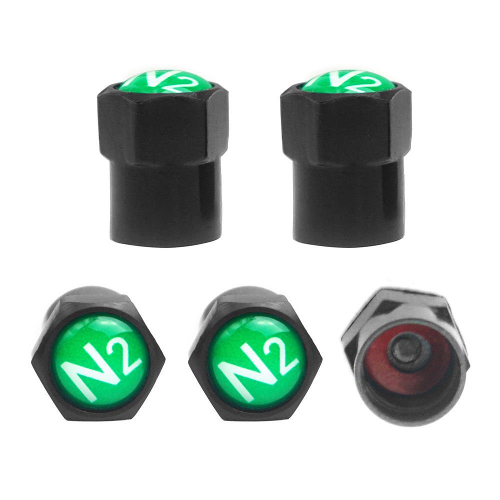 5 Black TPMS Valve Stem Caps Green N2 Nitrogen Logo+Sealing Gasket/O