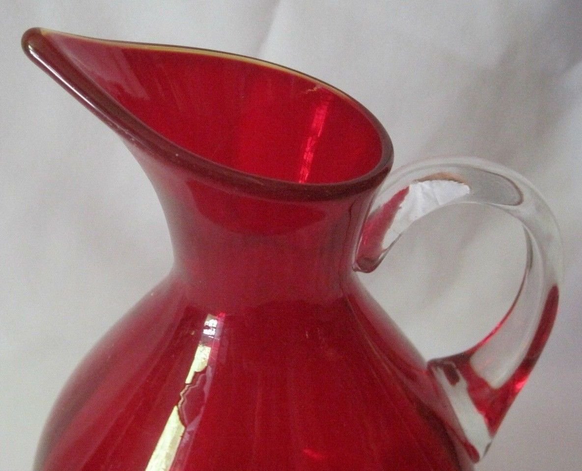 Gorgeous Vintage Red Viking Pitcher 11 Tall With A Clear Handle 8891