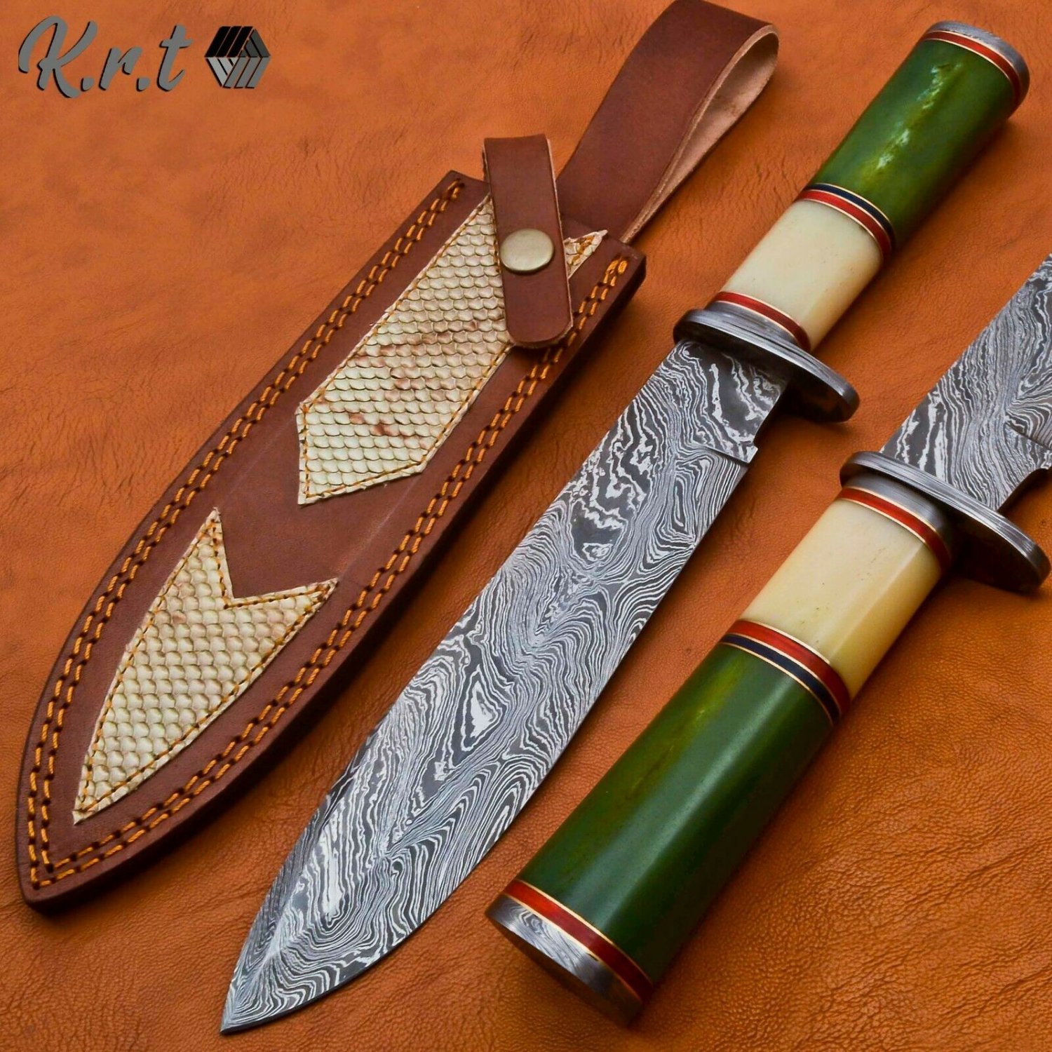Damascus Steel Hunting Knife With Bone Handle Handmade
