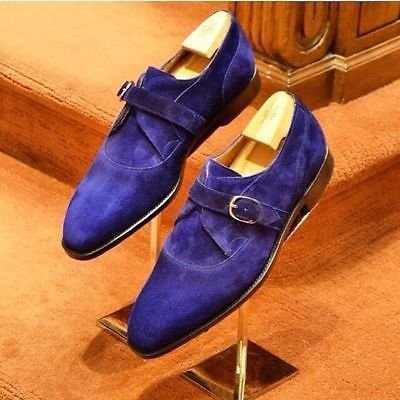 New Handmade Men Royal Blue Shoes, Men Single monk Strip suede Formal shoes