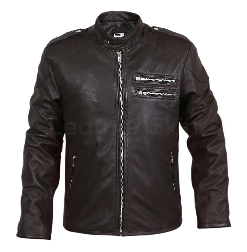 Men Black Genuine Leather Jacket with Double zippers on chest