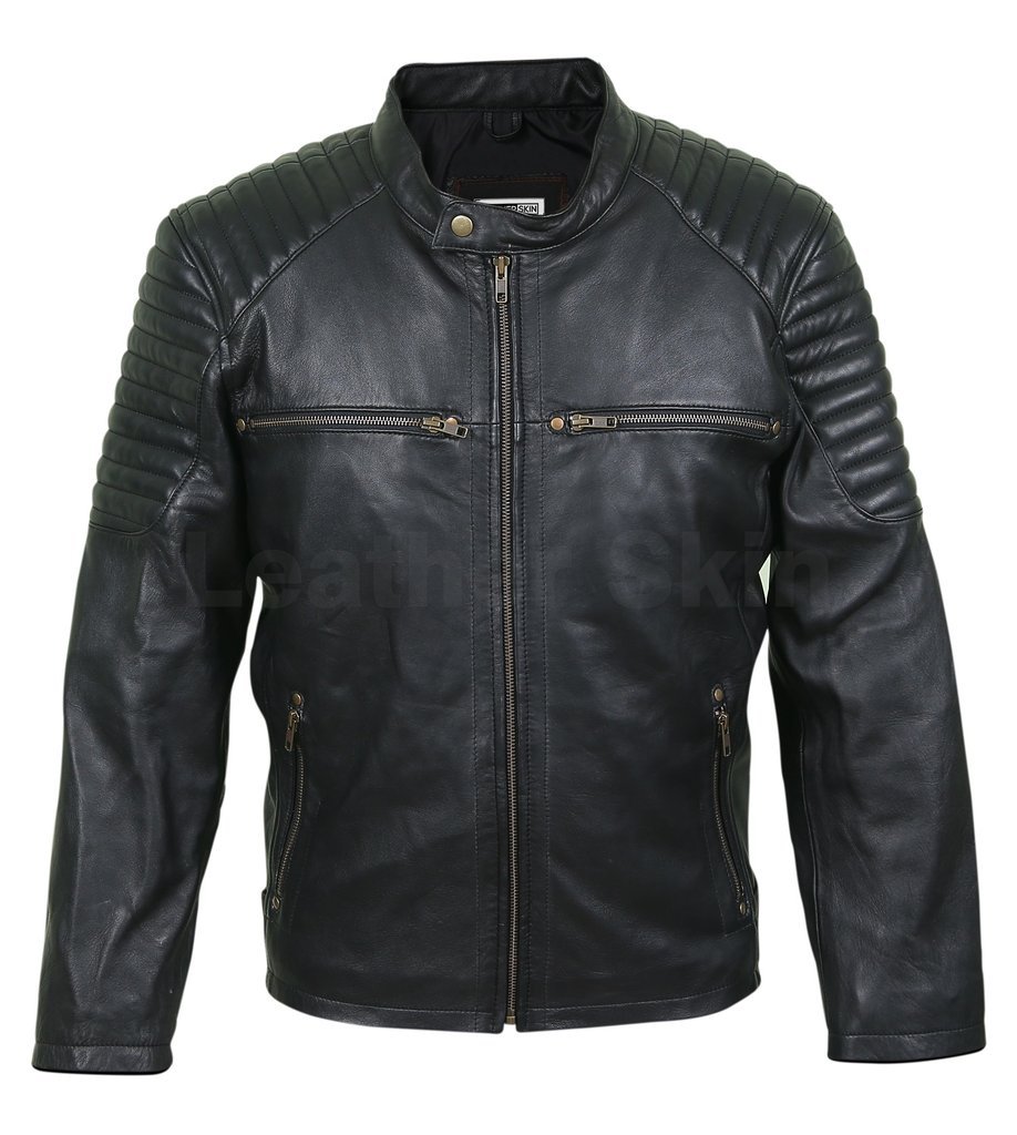 New Handmade Men Antique Zippers Black Leather Jacket with Padded Shoulders