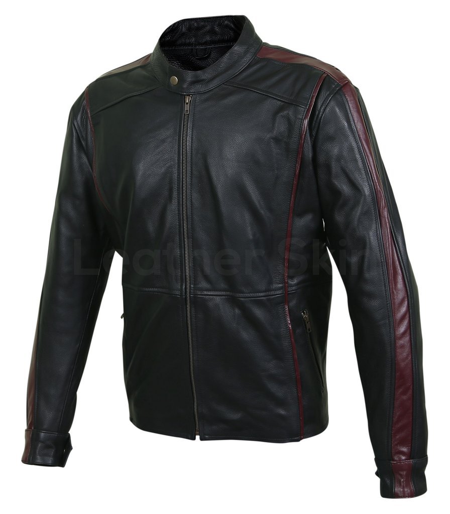 New Handmade Men Maroon Red Stripe Panels Black Genuine Leather Jacket XS to 6XL