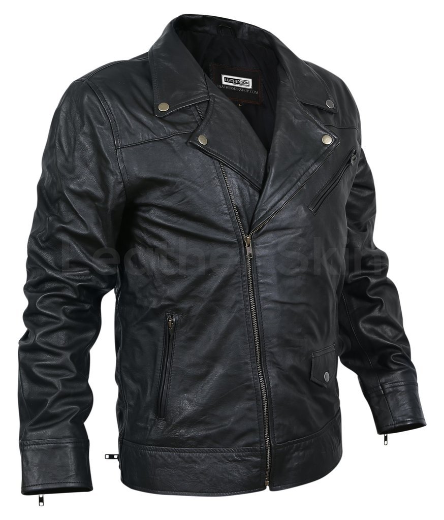 Men Black Genuine Leather Jacket with Double zippers on chest