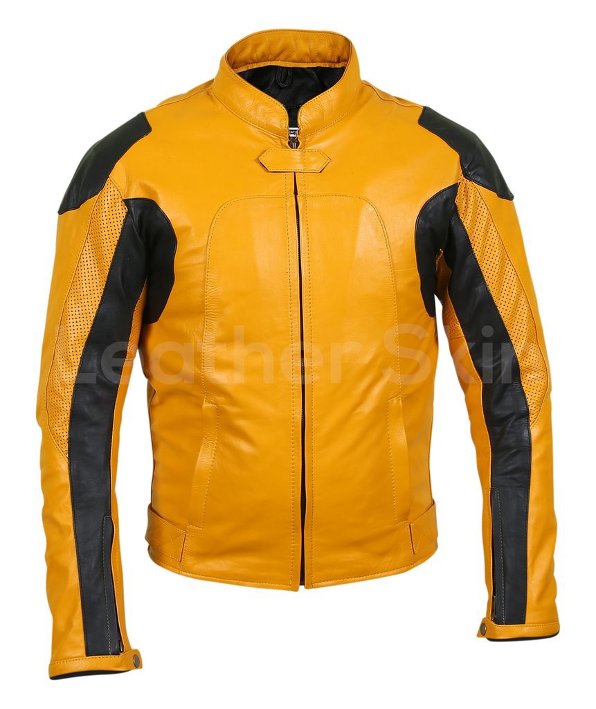 Men Yellow Biker Motorcycle Leather Jacket with Perforations