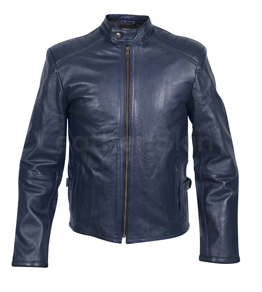 Men Navy Blue Genuine Leather Jacket with Rib Quilted Padded Shoulders ...