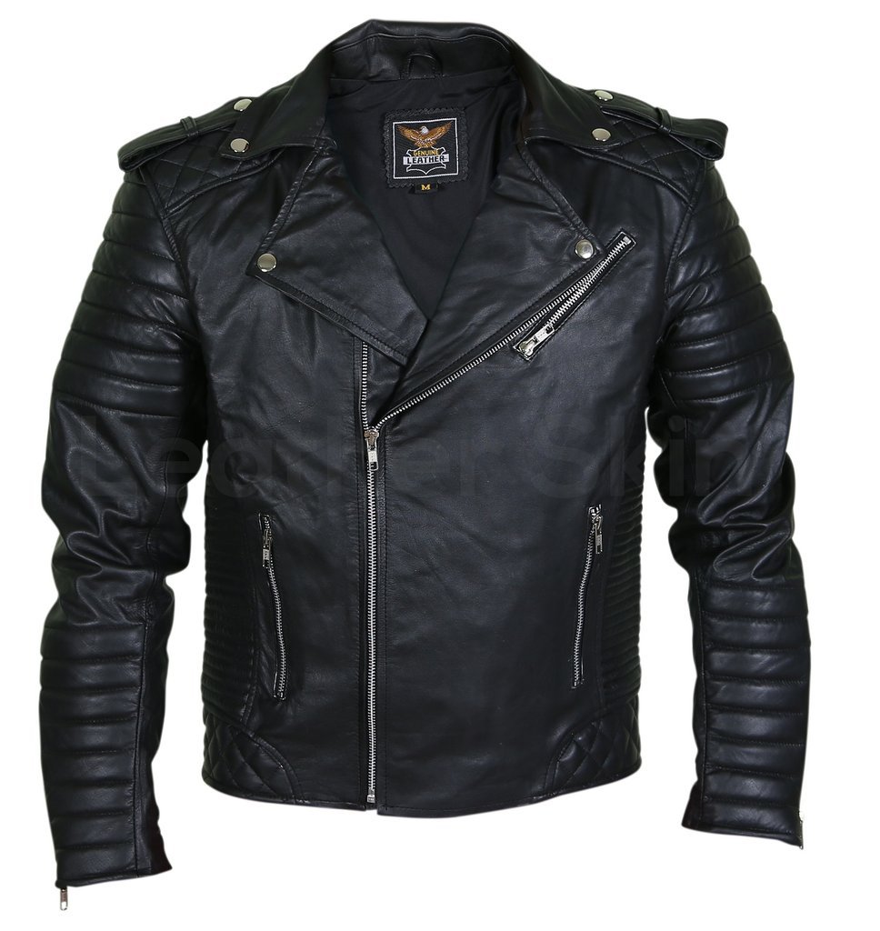 Men Black Brando Motorcycle Leather Jacket with shoulder epaulets and ...