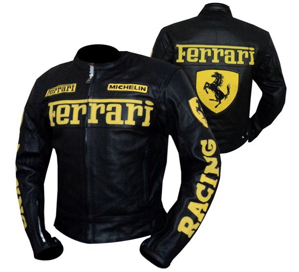 Handmade Men's Ferrari Motorcycle Leather Biker Jacket in Black with Yellow Logo