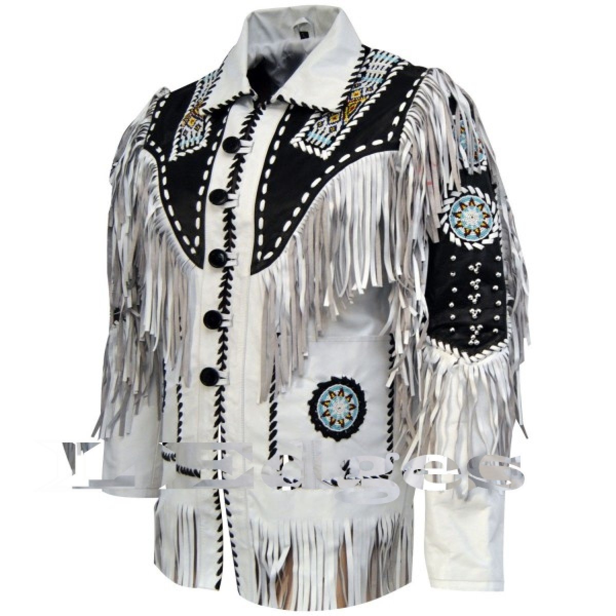 Men Bluish Suede White Western Cowboy Leather Jacket Fringe Bones