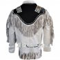 Men Bluish Suede White Western Cowboy Leather Jacket Fringe Bones