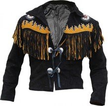NEW Homemade Men black Cow Leather Western Cowboy Jacket With Fringe, Mens fringe jackets