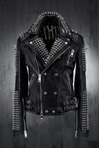 NEW Handmade Hand Stitched Men Black Biker Genuine Leather Jacket Long Silver Spiked Studs