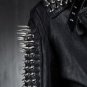 NEW Handmade Hand Stitched Men Black Biker Genuine Leather Jacket Long Silver Spiked Studs