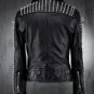 NEW Handmade Hand Stitched Men Black Biker Genuine Leather Jacket Long Silver Spiked Studs