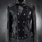 NEW Handmade Hand Stitched Men Black Biker Genuine Leather Jacket Long Silver Spiked Studs