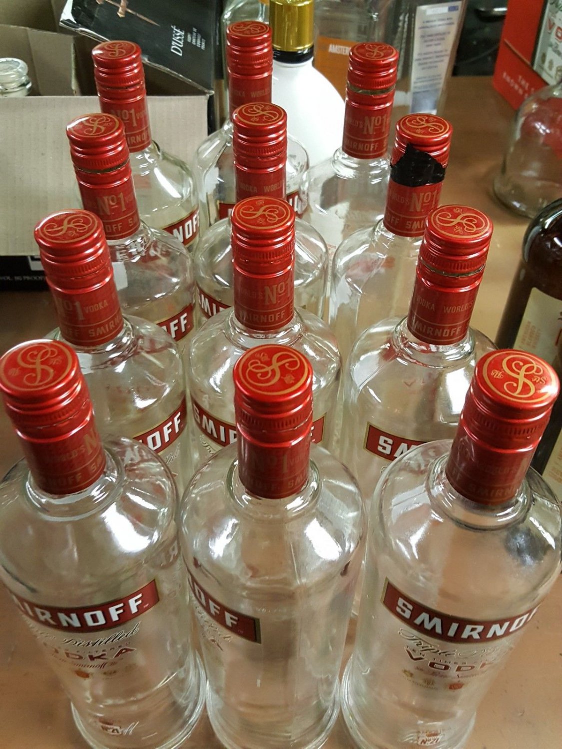 Empty Smirnoff Vodka 1 Liter bottle arts crafts clear glass lot of 12