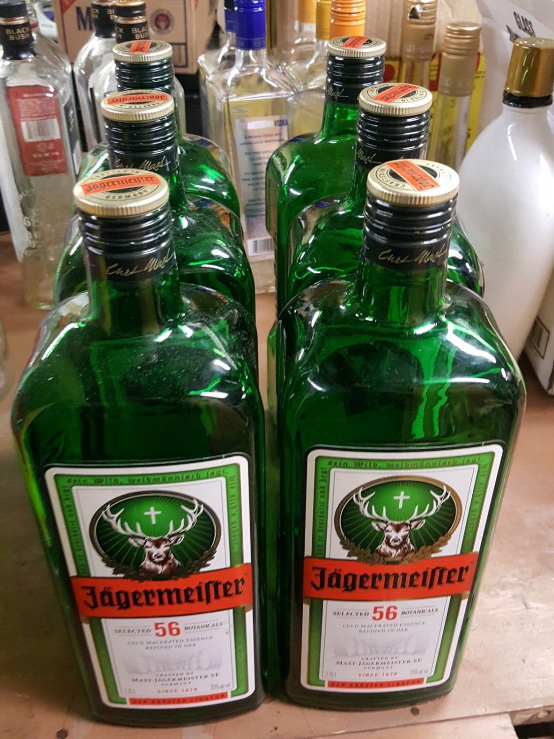 Lot of 6 Empty 1.75 Liter Jagermeister Bottles With Caps, Green Glass