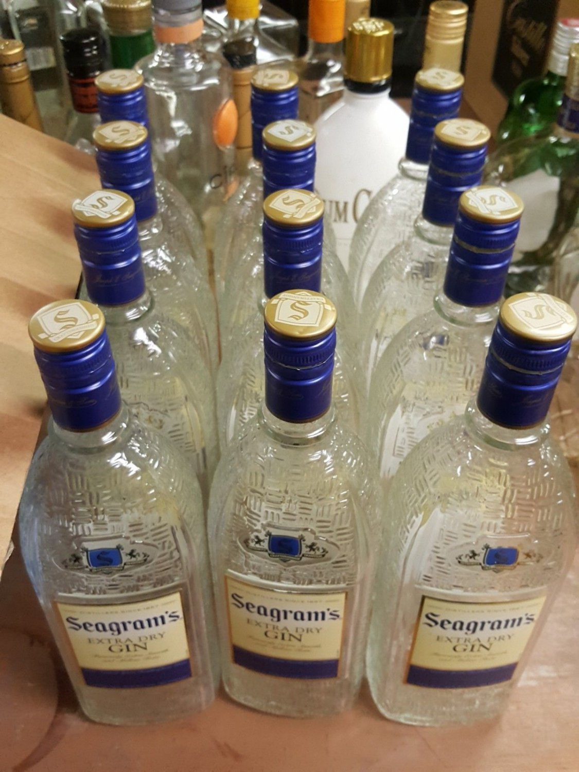 Lot of 12 seagrams Gin Empty liter Bottles embossed