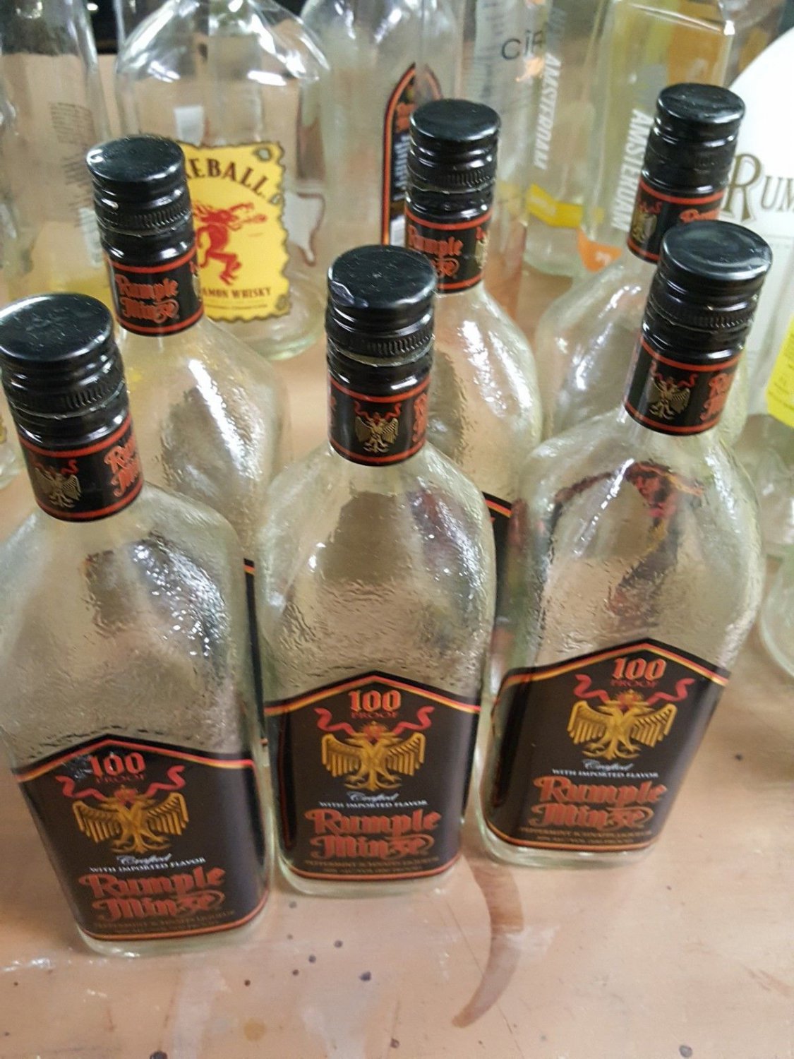 RUMPLE MINZE EMPTY&Acirc;&nbsp; BOTTLE crafts craft liter rumpleminze embosed glass lot of 6