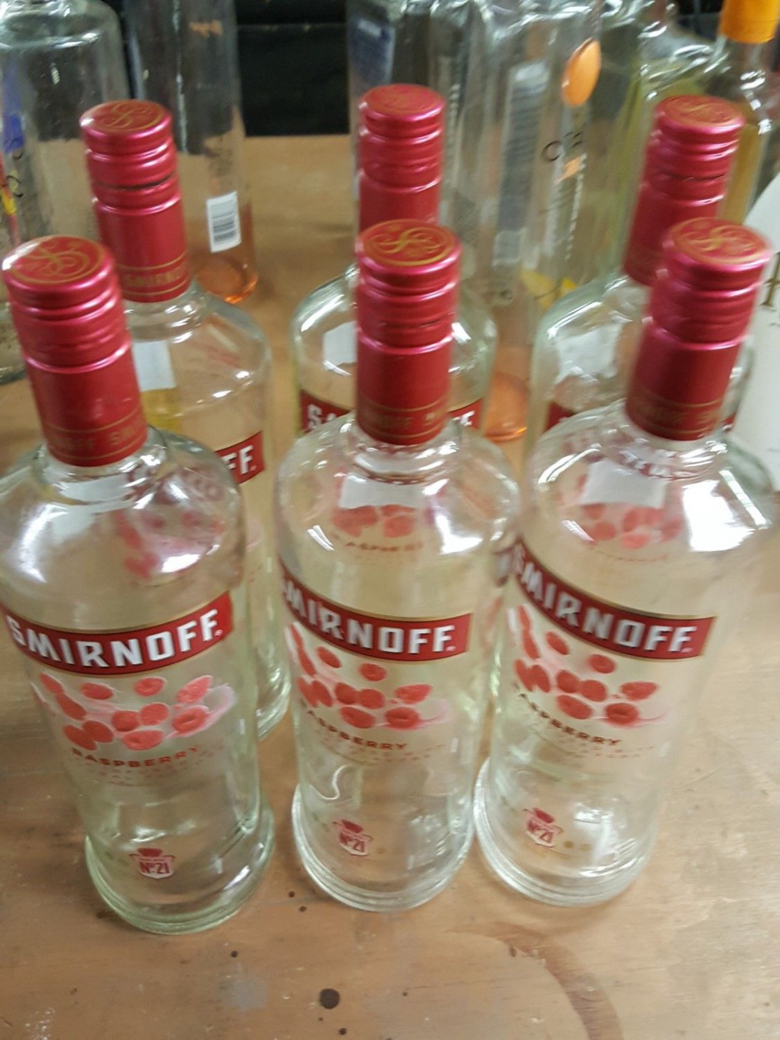 Empty Smirnoff rasberry Vodka 1 Liter bottle arts crafts clear glass lot of 6