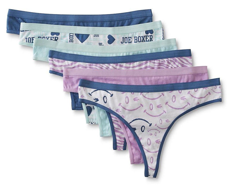 New Joe Boxer Women's 6-Pack Thong Panties SIZE 6 MEDIUM 100% Cotton [BLUE]