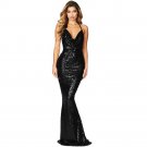 Sexy Spaghetti Strap Long Dress Navy Daring Bare Back Sequined Mermaid Party Gown