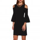 Black Flare Sleeve Cold Shoulder Mini Dress Wine Red Solid Fashion Style Dresses