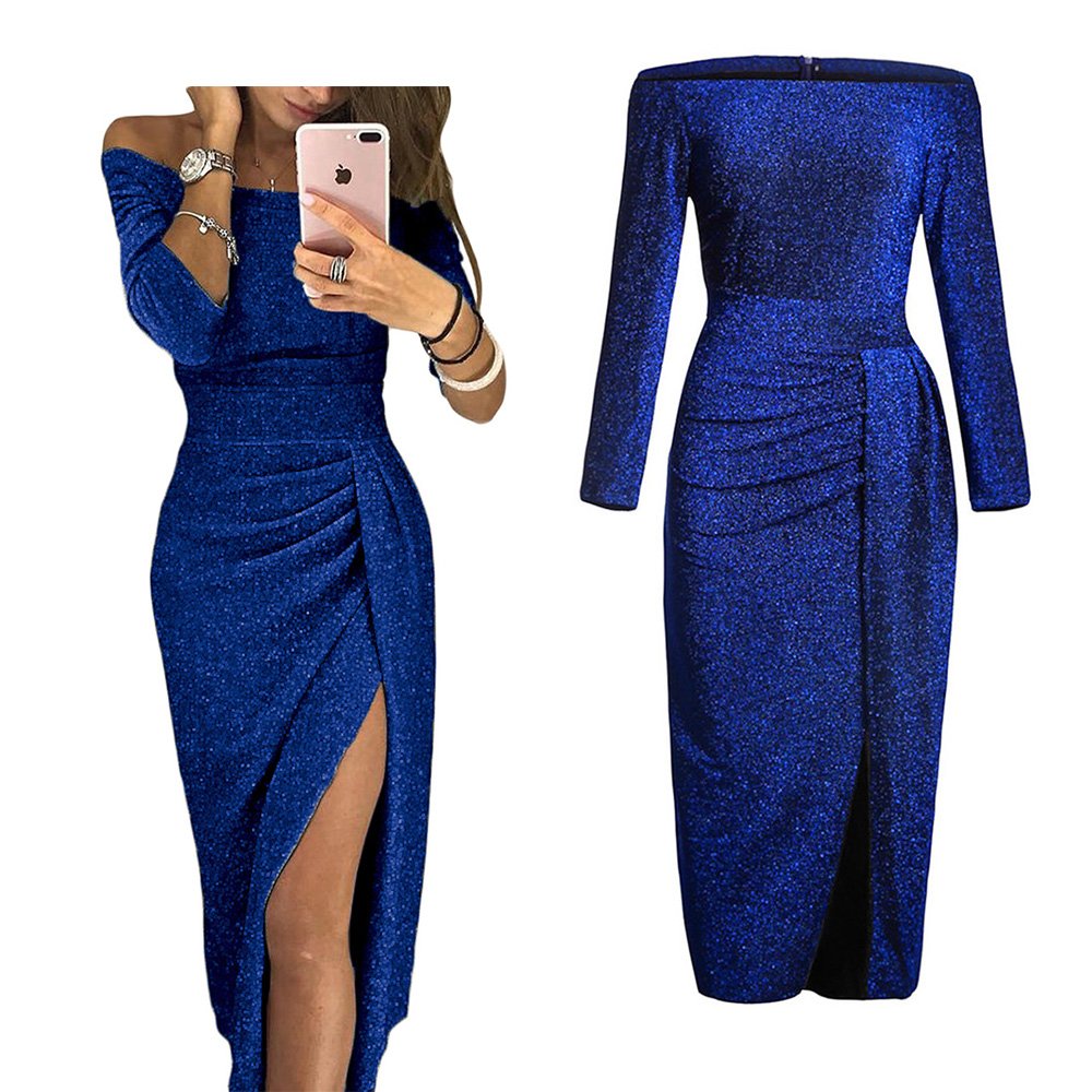 Off Shoulder Dress Spring Sexy Women Navy Metallic Glitter Long Sleeve Slit Formal Party Midi Dress