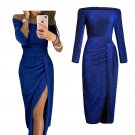 Off Shoulder Dress Spring Sexy Women Navy Metallic Glitter Long Sleeve Slit Formal Party Midi Dress