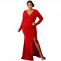 XL-5XL Red Black Slit Diva Plus Size Floor Length Dresses Women Solid Long Sleeve V Neck Clubwear