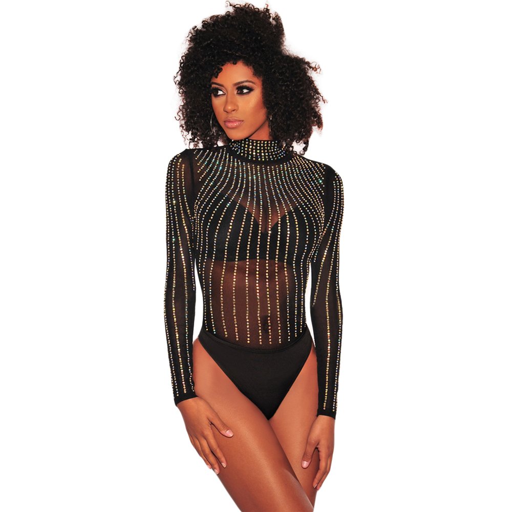 Black Iridescent Rhinestone Studded Mock Neck Long Sleeve Bodysuit Fashion Ladies Clubwear Jumpsuit