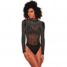 Black Iridescent Rhinestone Studded Mock Neck Long Sleeve Bodysuit Fashion Ladies Clubwear Jumpsuit