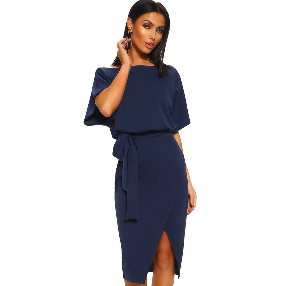2019 new women Blue Belted Wrap Front Midi Dress elegant high quality female summer dress