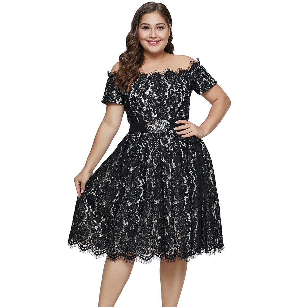 New Summer Black Short Sleeve Off-shoulder Lace Plus Size Dress for Women 5XL A Line Dress Lace