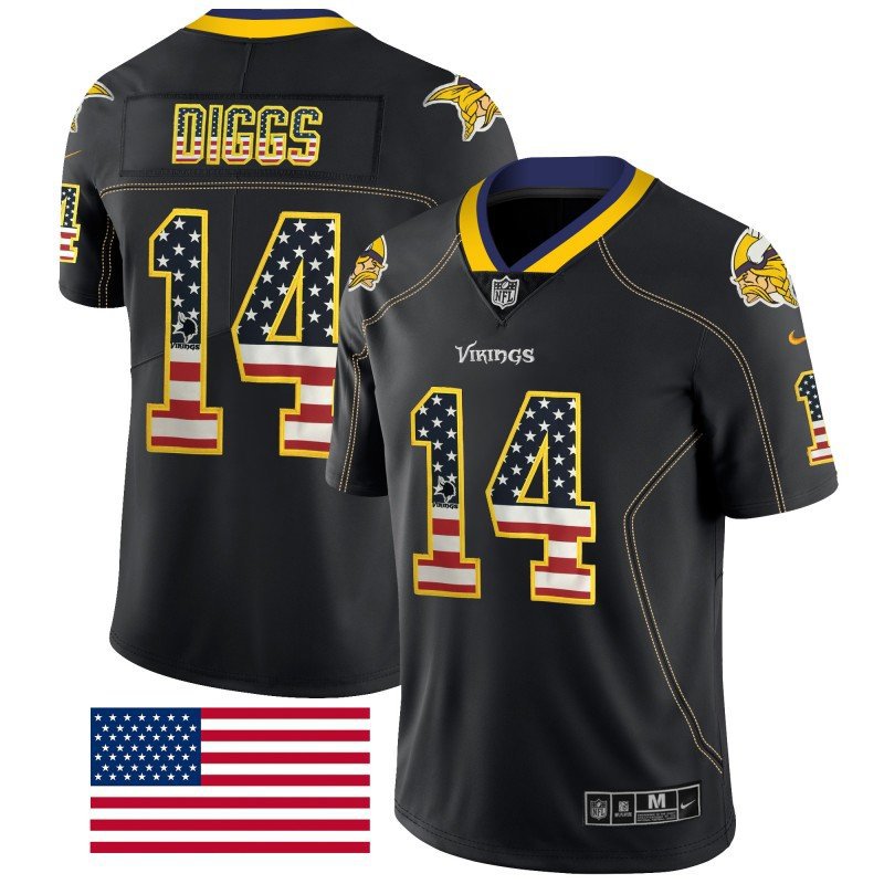 Men's Vikings #14 Stefon Diggs Black USA Flag Limited Stitched Jersey