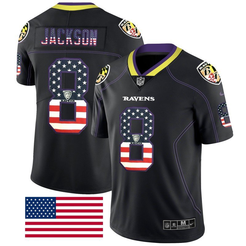 Men's Ravens #8 Lamar Jackson Black USA Flag Limited Stitched Jersey