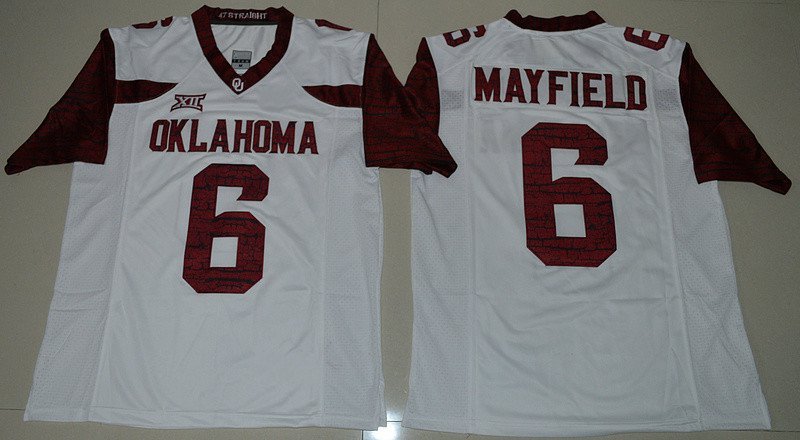 Youth Kids Oklahoma Sooners Baker Mayfield #6 White College Footballs Stitched Jersey