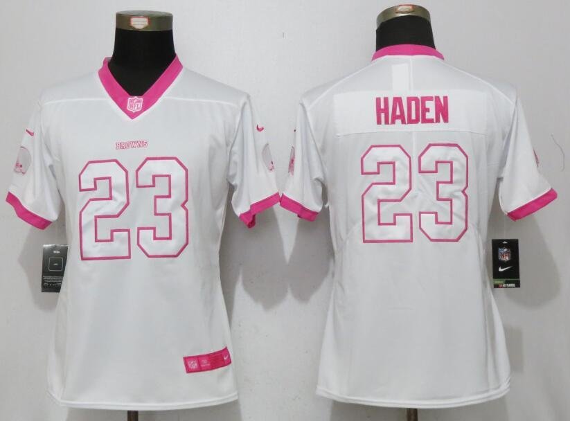 Women's Cleveland Browns #23 Joe Haden White Pink Stitched Jersey