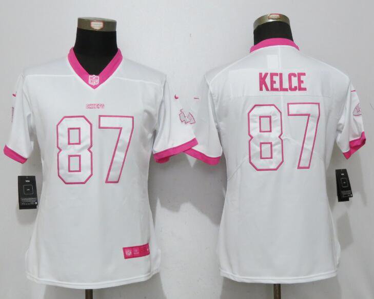 Women's Kansas City Chiefs 87# Travis Kelce Limited White Pink Stitched Jersey