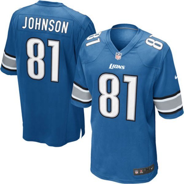 Men's Detroit Lions #81 Calvin Johnson Game Blue Stitched Jersey