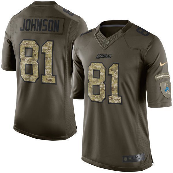 Men's Detroit Lions #81 Calvin Johnson Game Olive Camo Stitched Jersey
